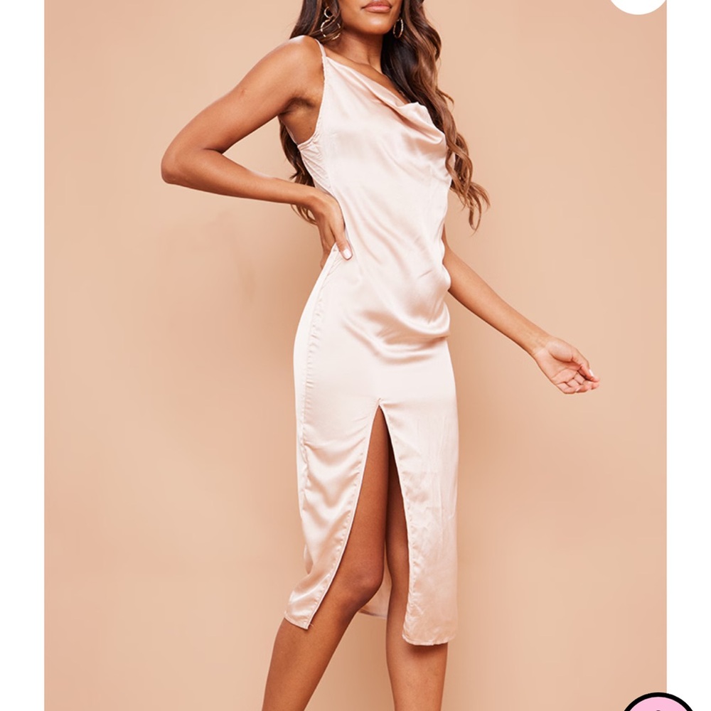 Champagne Strappy Satin Cowl Midi Dress
